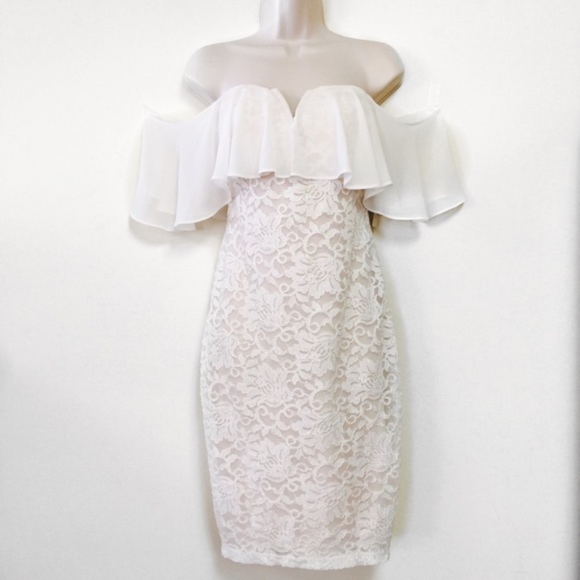 Sequin Hearts Dresses & Skirts - SEQUIN HEARTS White Nude Off The Shoulder Bodycon
